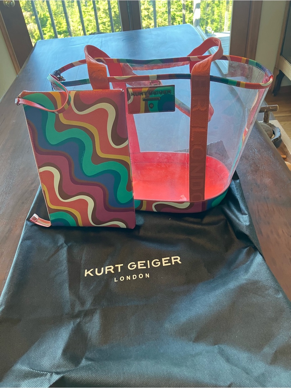Kurt Geiger Clear Tote with Multicolor Wavy Pouch - Pink/Green/Blue